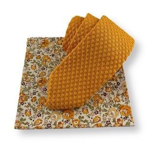 Men’s Marigold Knit Necktie & Yellow Floral Pocket Square
